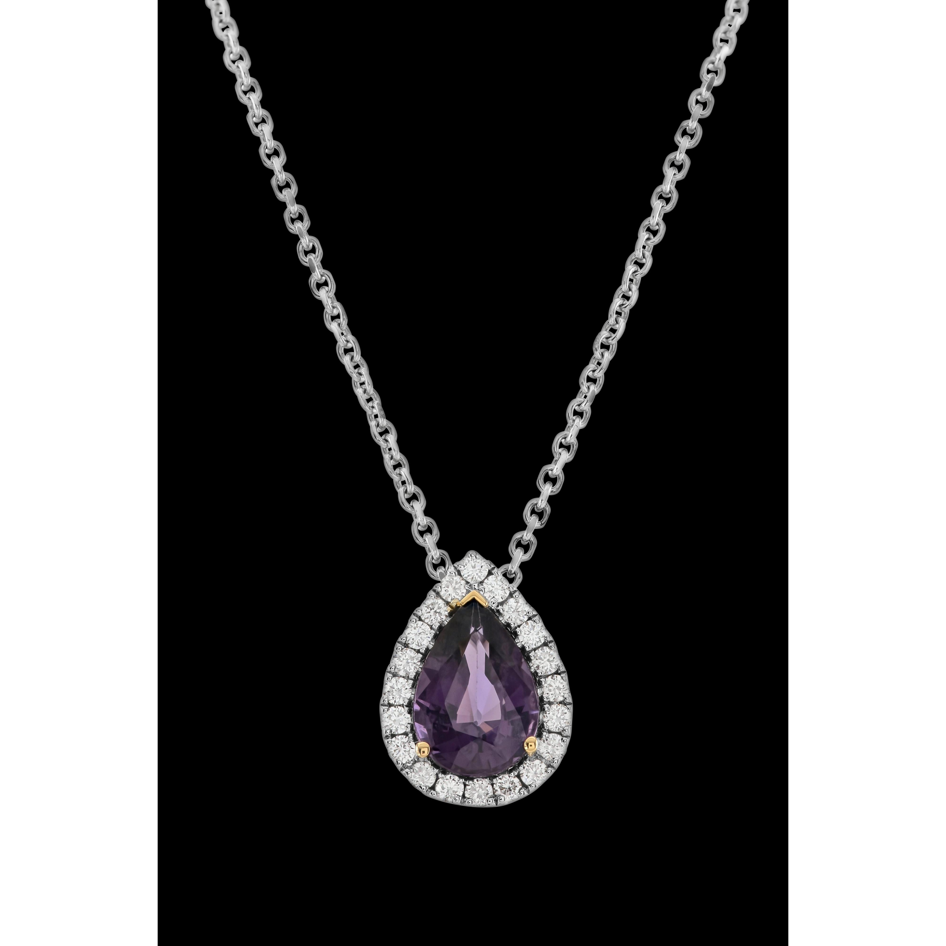 18ct White & Rose Gold Pear Cut Purple Spinel & Diamond Halo Cluster Pendant & Chain