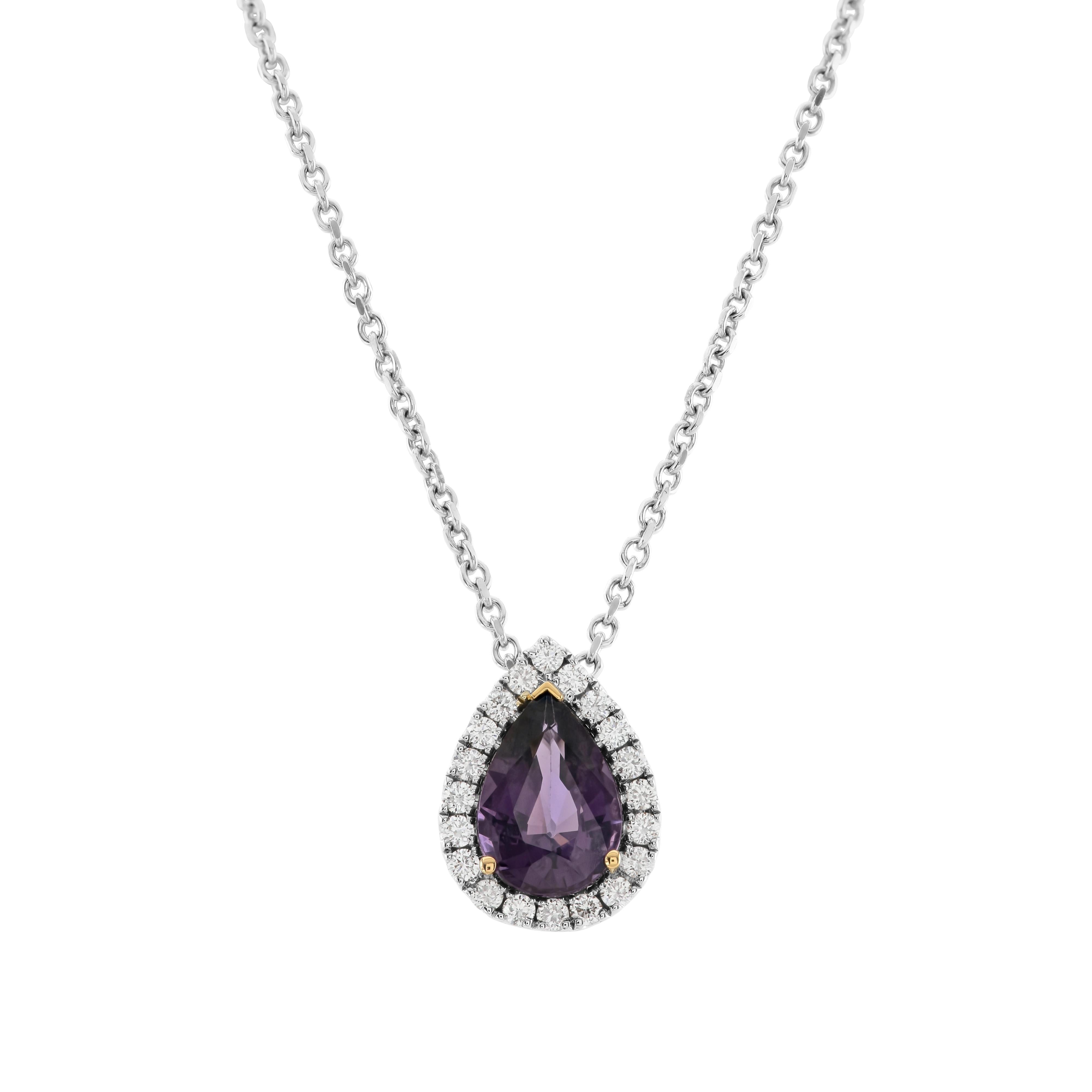 18ct White & Rose Gold Pear Cut Purple Spinel & Diamond Halo Cluster Pendant & Chain