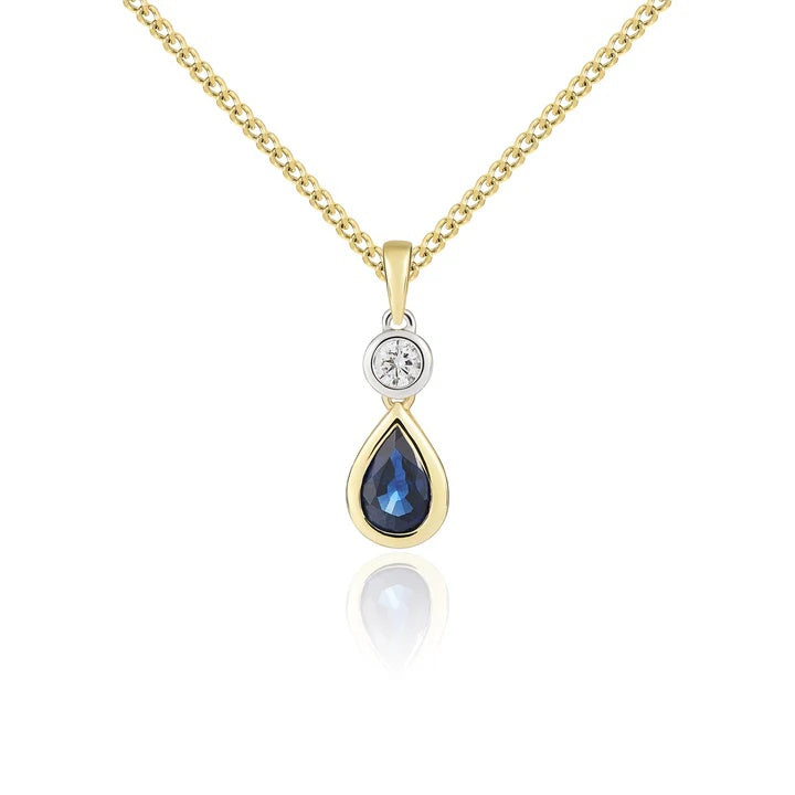 18CT Yellow & White Gold Pear Shaped Sapphire & Round Diamond Two Stone Pendant. PENDANT ONLY