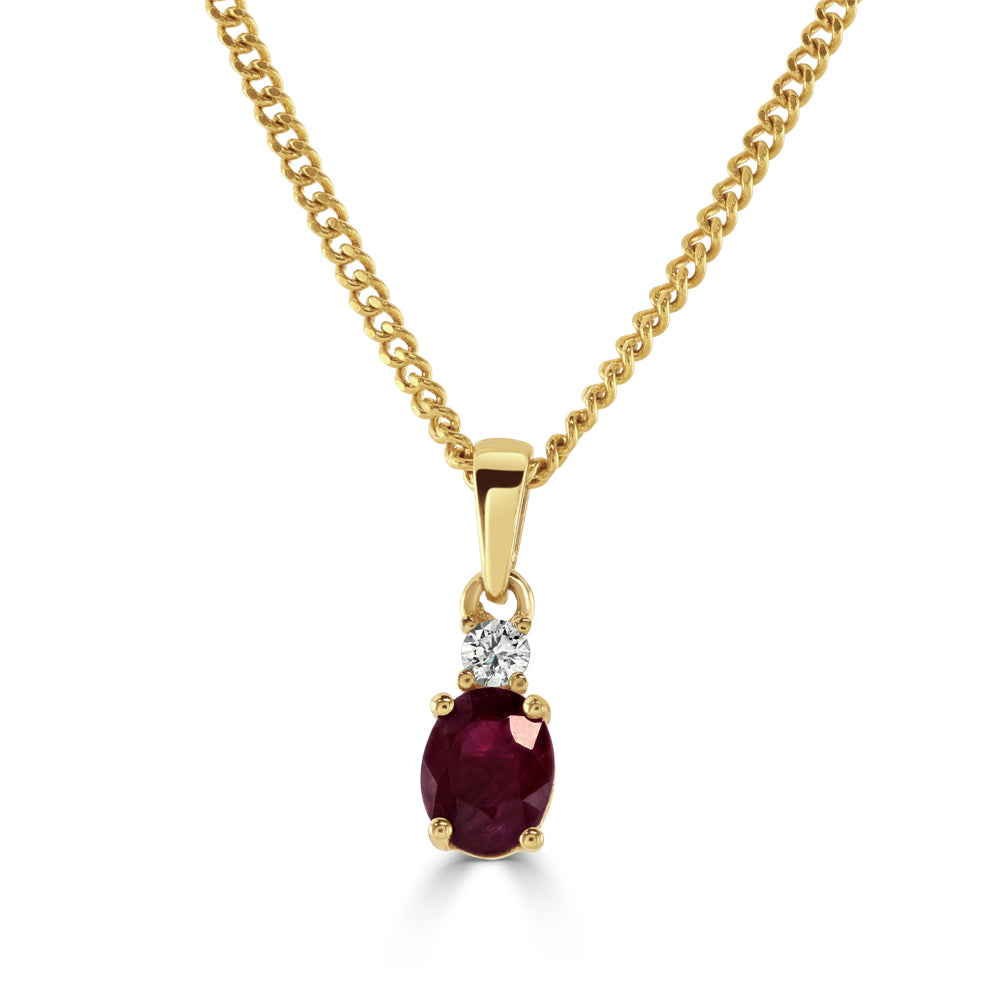 18ct Yellow Gold Oval Cut Ruby & Round Brilliant Cut Diamond Drop Pendant