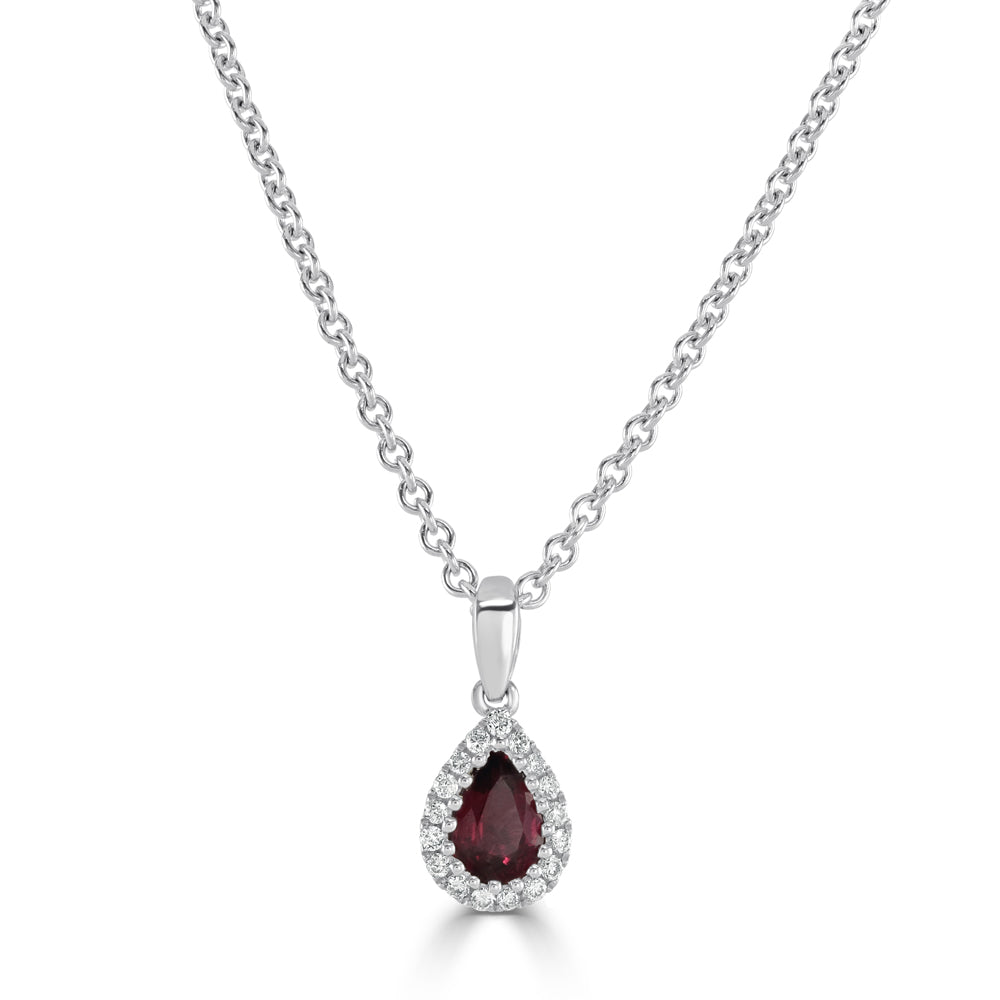 18ct White Gold Pear Cut Ruby & Diamond Halo Cluster Pendant