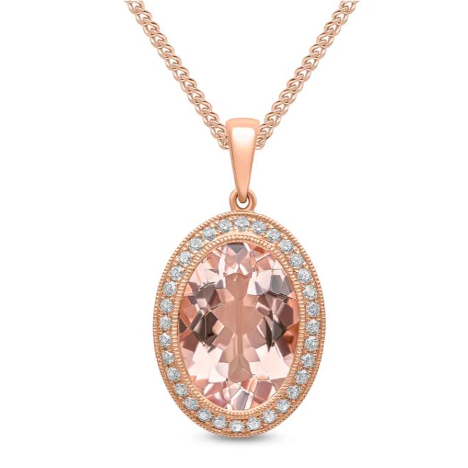 18ct Gold rose gold oval Morganite with a delicate diamond surround