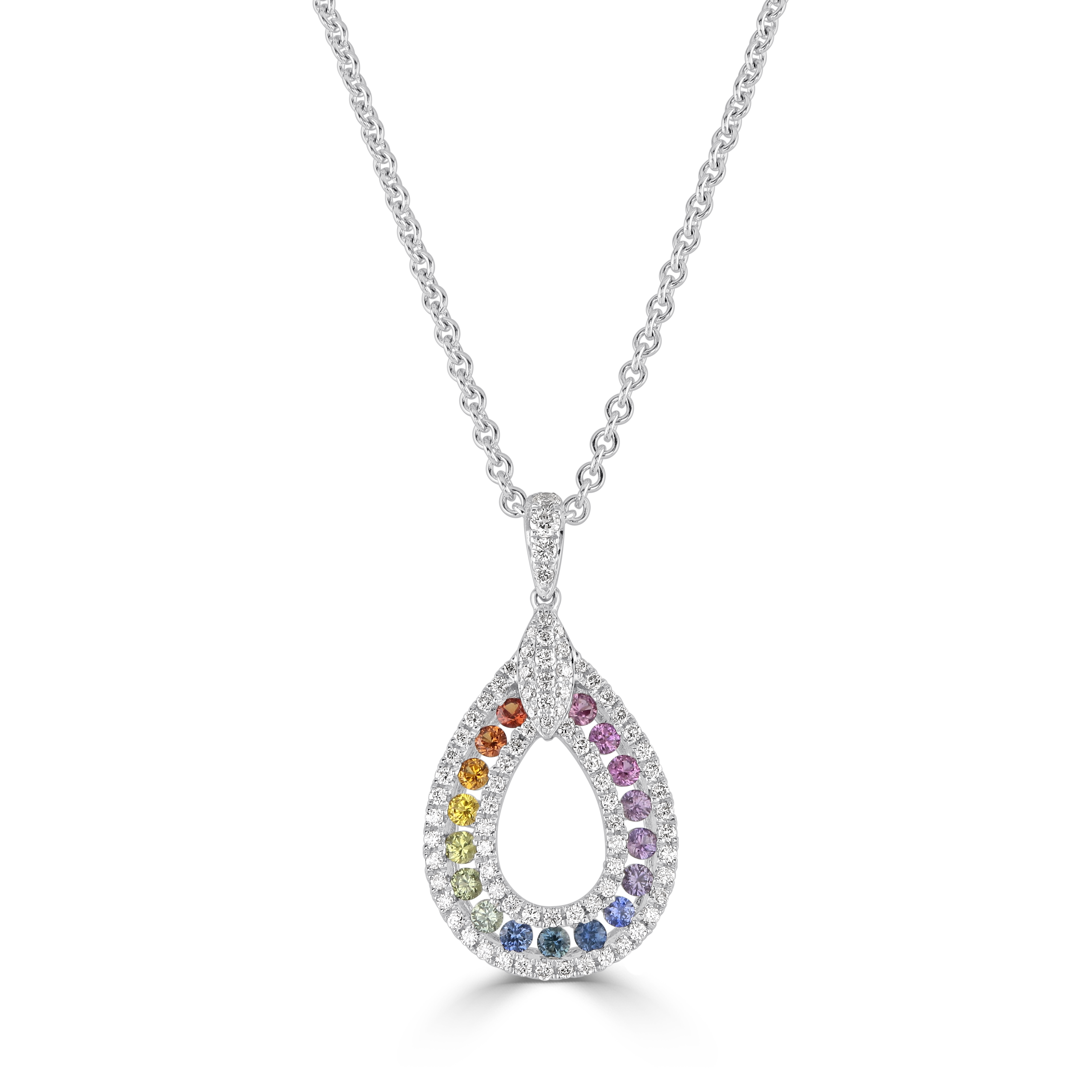 18ct White Gold Rainbow Sapphire & Diamond Teardrop Shaped Pendant
