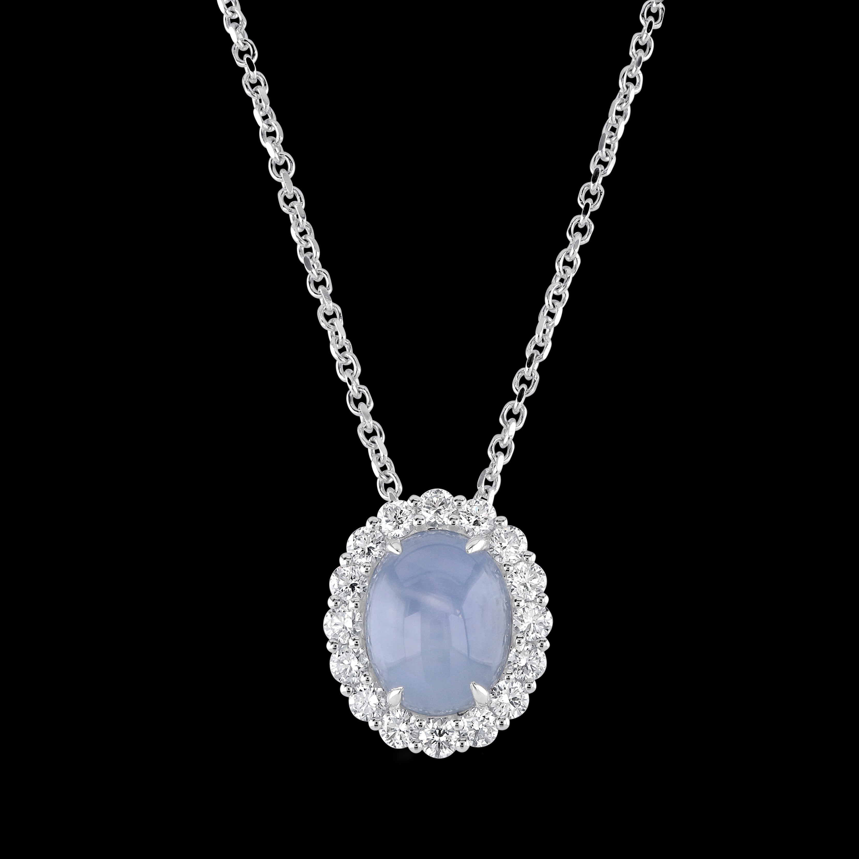 18ct White Gold Oval Cut Star Sapphire & Diamond Cluster Pendant & Chain