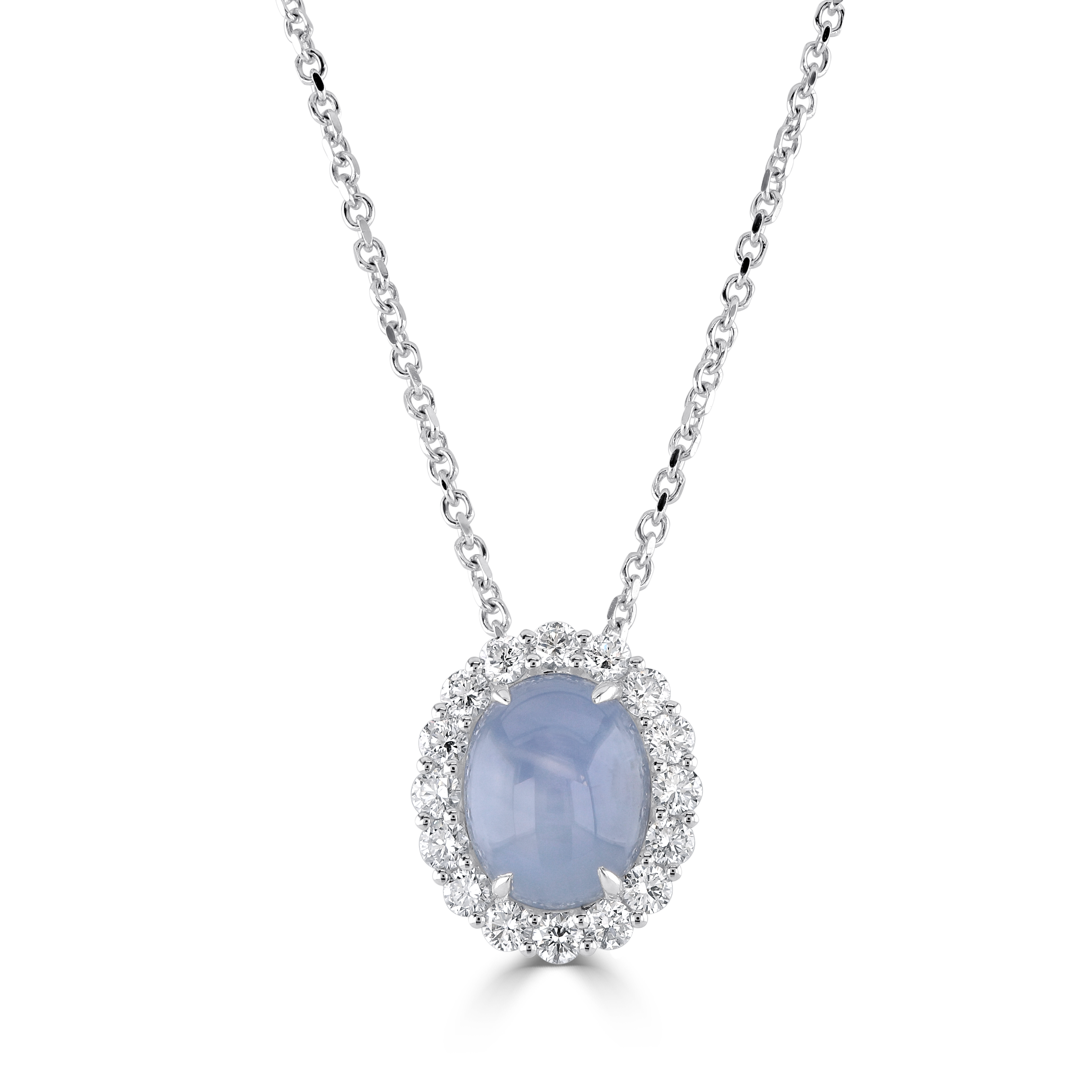 18ct White Gold Oval Cut Star Sapphire & Diamond Cluster Pendant & Chain