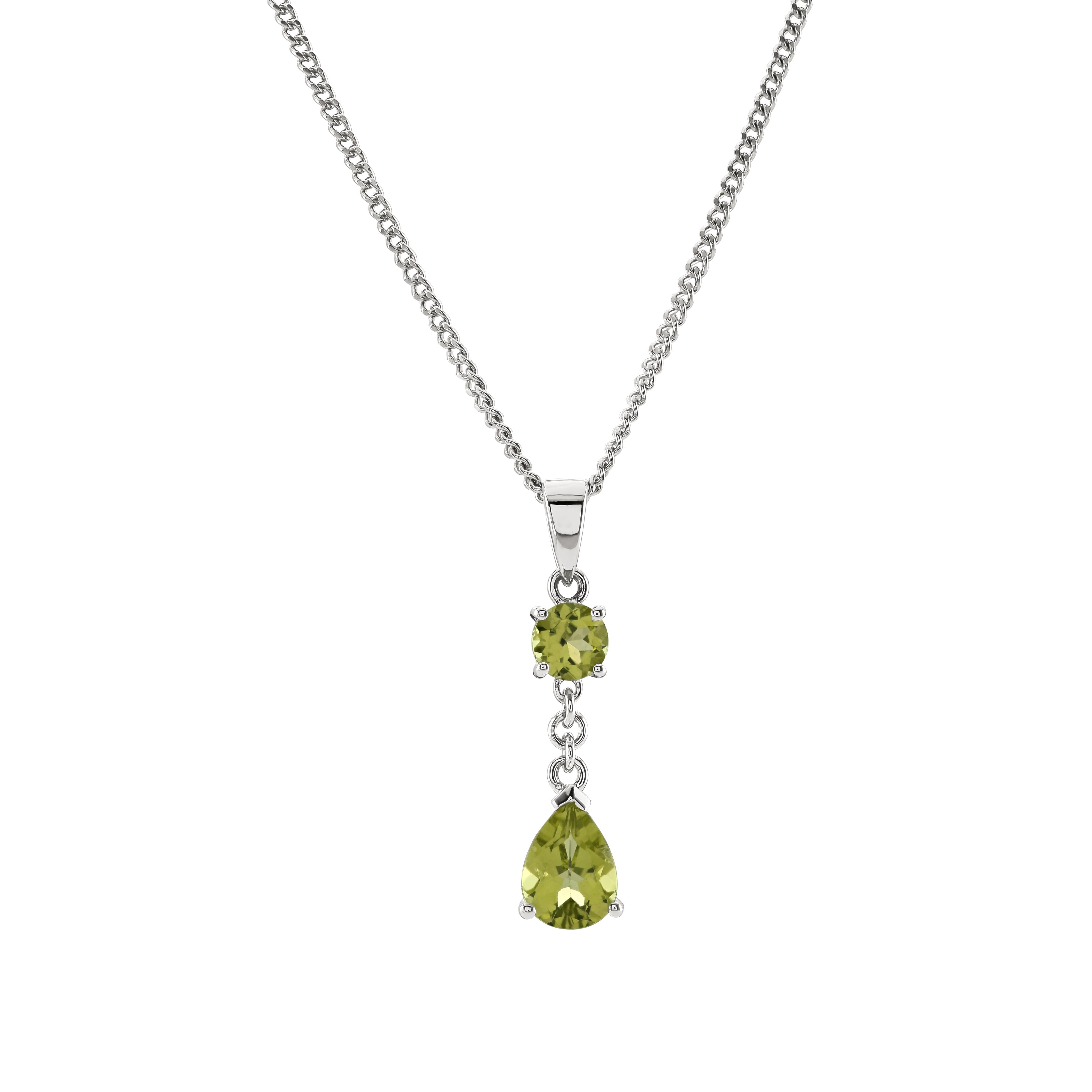 18ct White Gold Peridot 2 Stone Drop Pendant 1 Pear Shape 1 Round