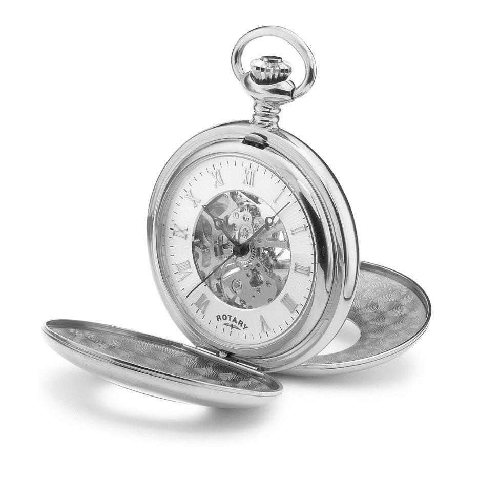 Stainless steel case skeleton dial double half hunter mechanical pocket watch