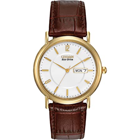 Eco-Drive Men's yellow gold coated white dial brown leather strap watch