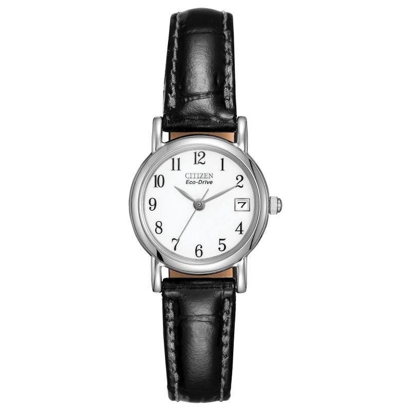Ladys' Eco-Drive white dial black leather strap watch