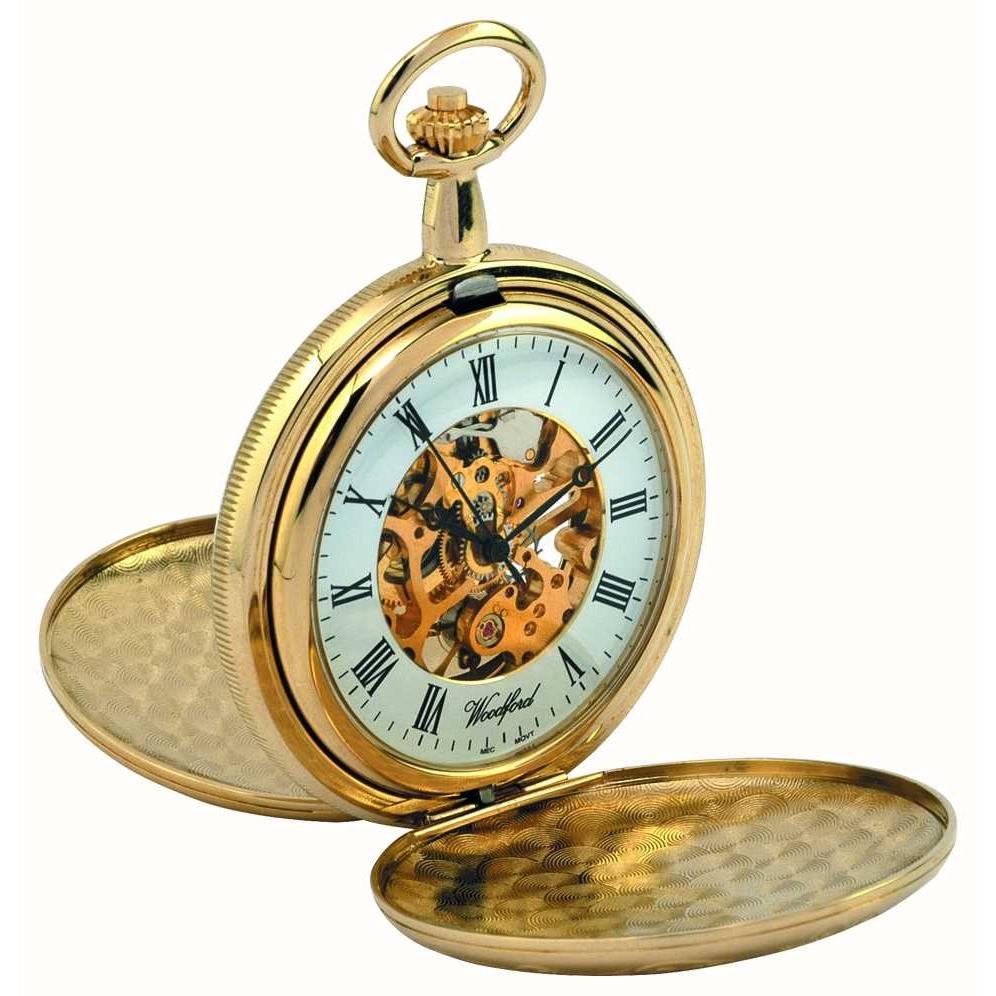 Gold Plated Skeleton Dial Double Hunter Mechanical Pocket Watch