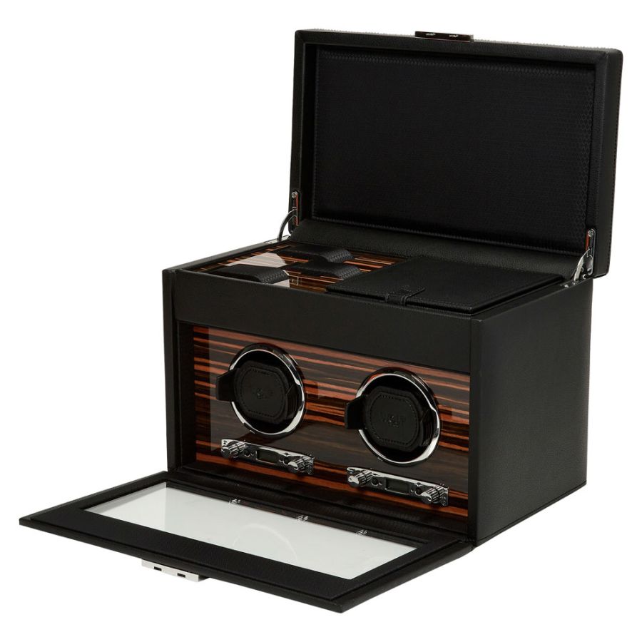 Roadster Black Leather Double Watch Winder with Storage