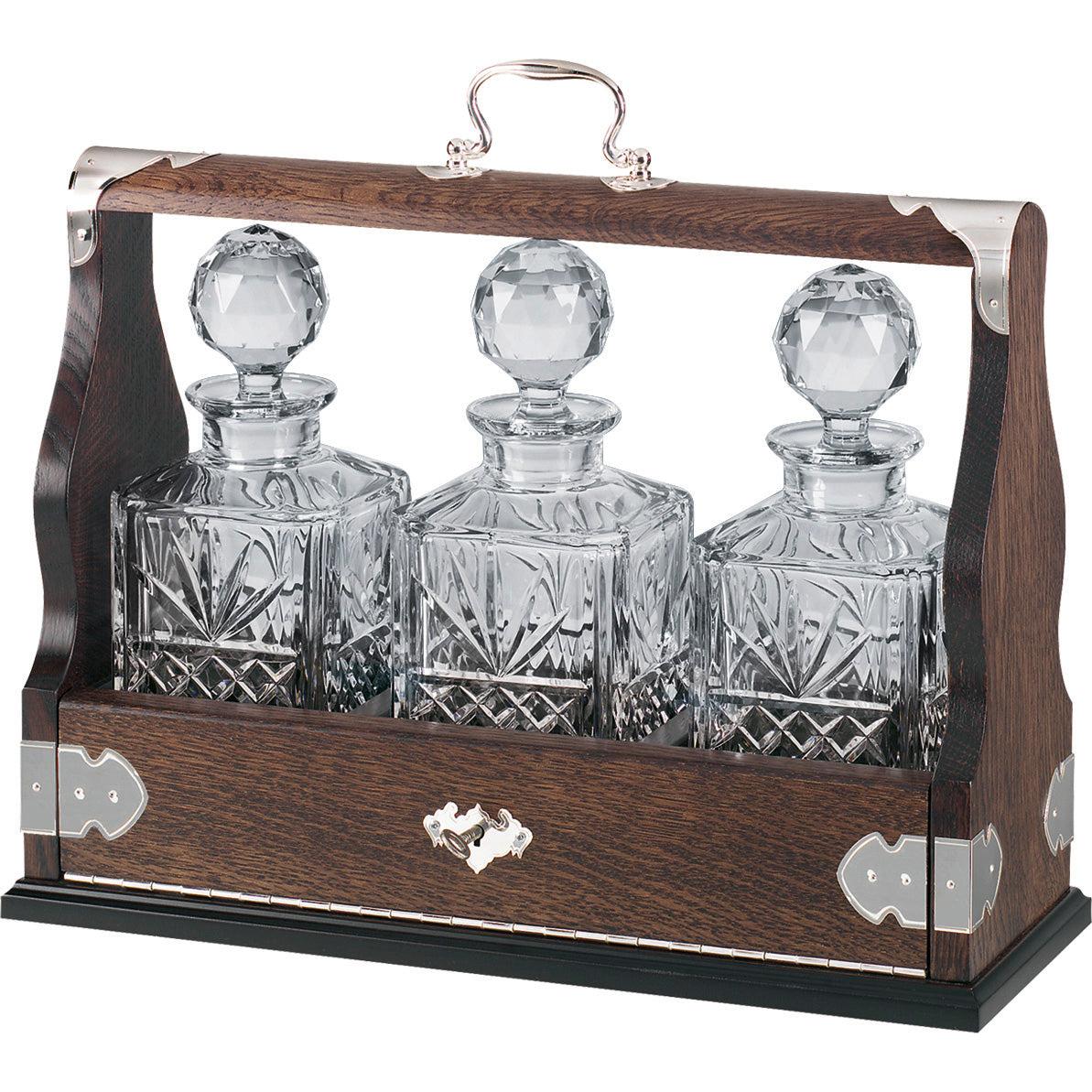 Silver Plated 3-Bottle Oak Tantalus Set