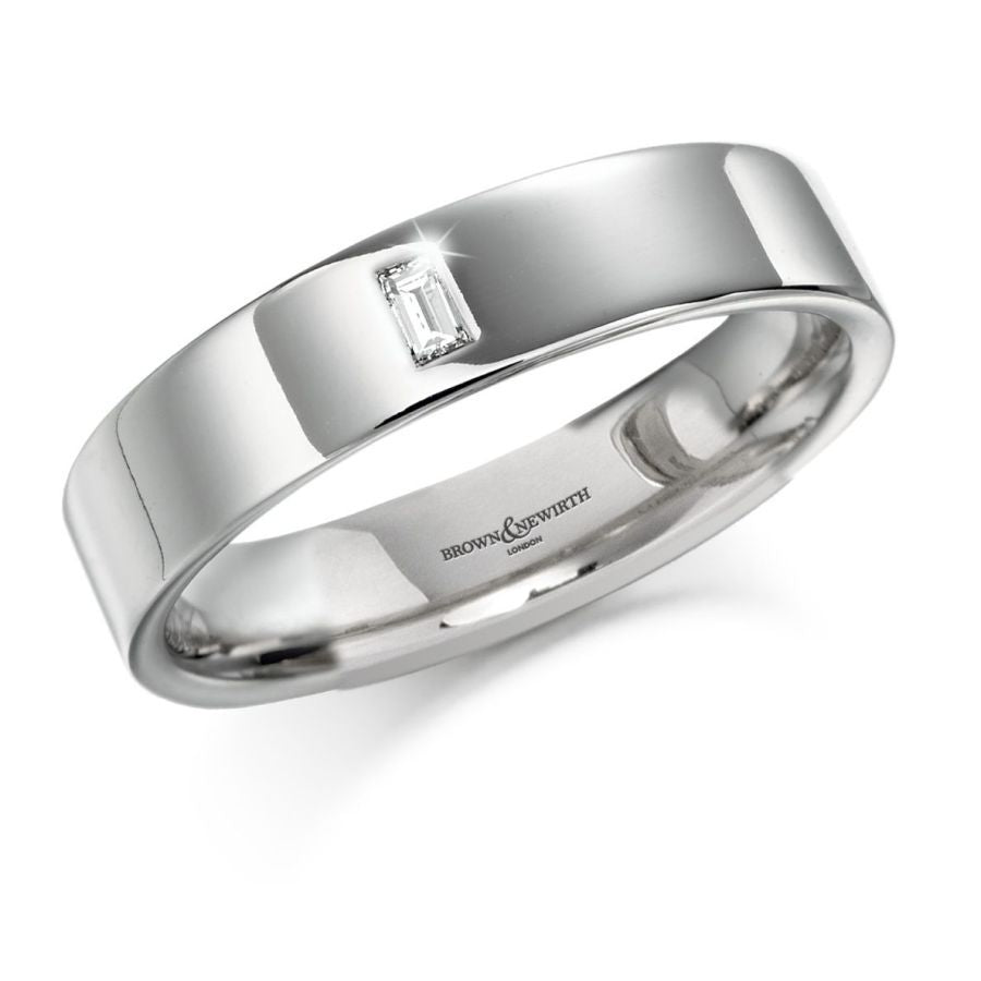 Brown & Newirth-18ct White Gold Single Inset Baguette Cut Diamond Wedding Band-Dipples Jewellers