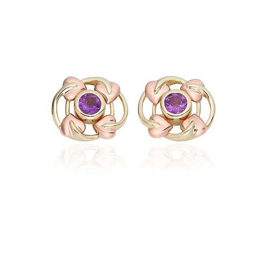 Clogau-9ct Yellow & Rose Gold Love Vine Amethyst Set Stud Earrings-Dipples Jewellers