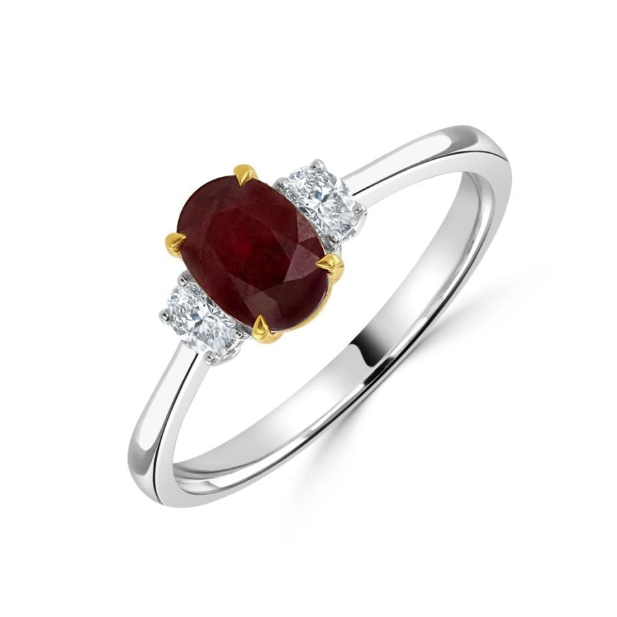 Dipples-18ct Gold yellow and white gold oval ruby and oval diamond claw set 3 stone ring-Dipples Jewellers