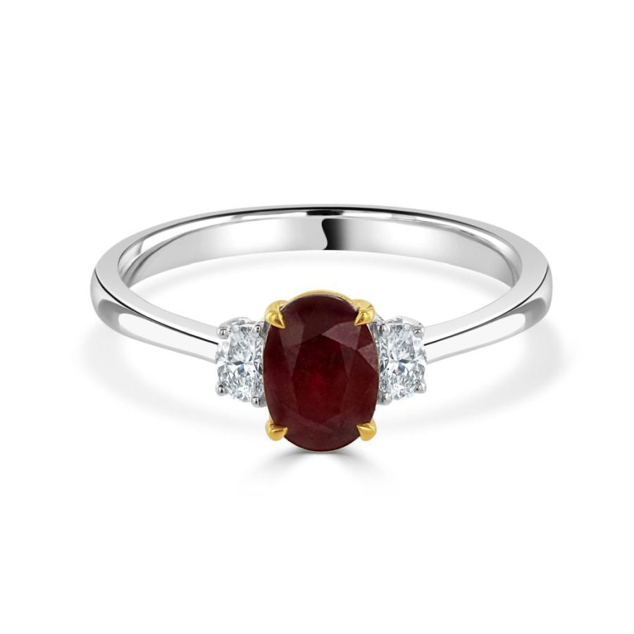 Dipples-18ct Gold yellow and white gold oval ruby and oval diamond claw set 3 stone ring-Dipples Jewellers