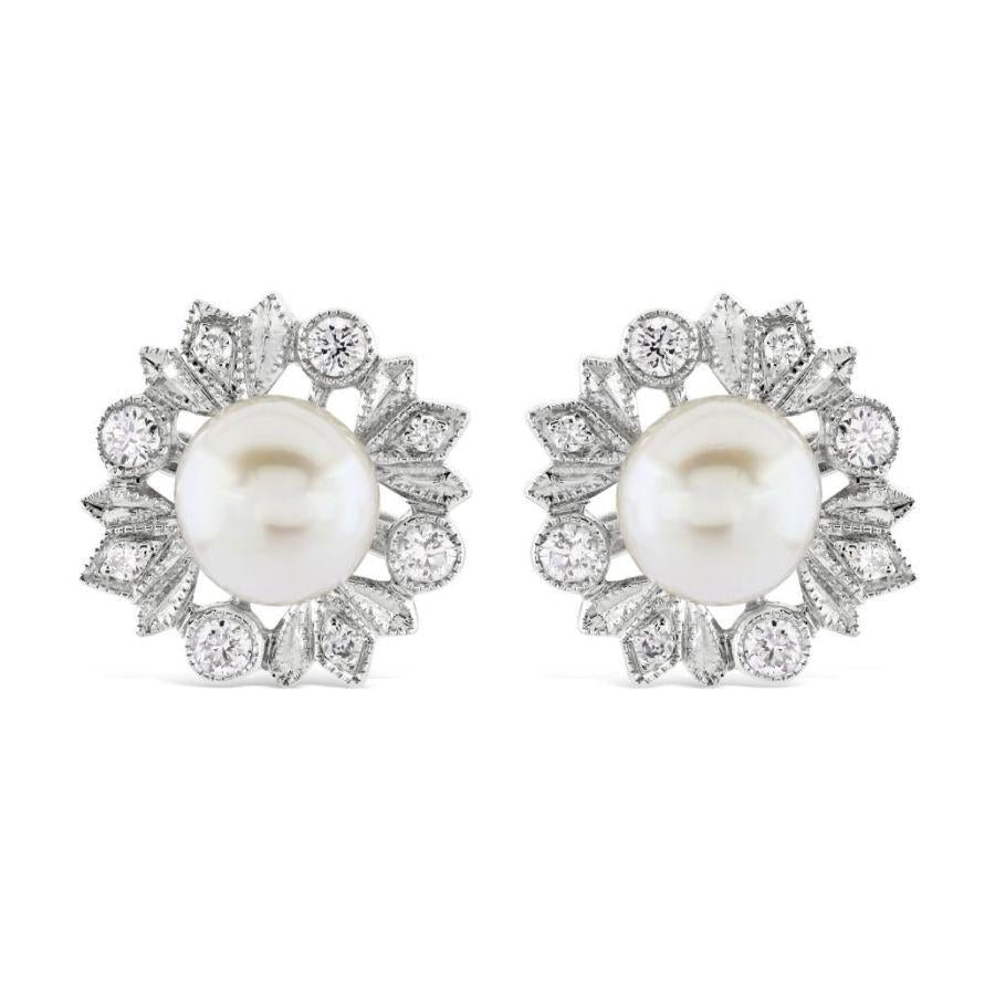 Dipples-18ct White Gold Cultured Pearl & Diamond Round Stud Earrings-Dipples Jewellers