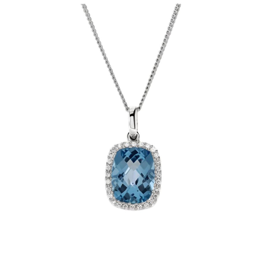 Dipples-18ct White Gold Cushion Cut Blue Topaz & Diamond Halo Cluster Pendant-Dipples Jewellers