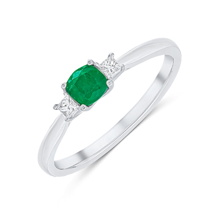 Dipples-18ct white gold cushion cut Emerald and princess cut Diamond claw set three stone ring-Dipples Jewellers
