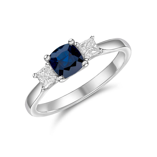 Dipples-18ct White Gold Cushion Sapphire & Square Diamond Three Stone Ring-Dipples Jewellers