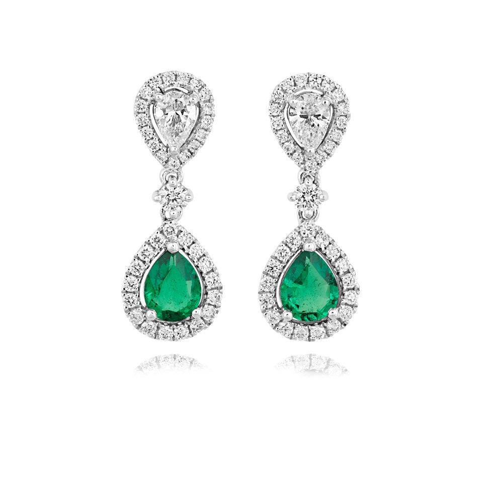 Dipples-18ct white gold Emerald and Diamond and all Diamond pear shaped double cluster drop earrings-Dipples Jewellers