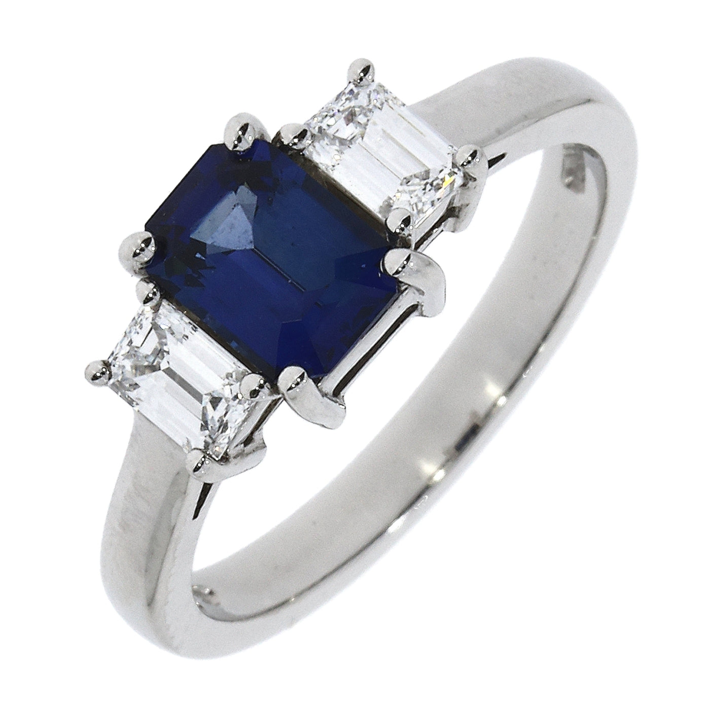 Dipples-18ct white gold emerald cut sapphire and diamond 3-stone claw set ring-Dipples Jewellers