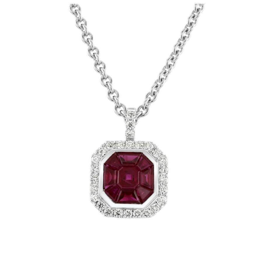 Dipples-18ct White Gold Invisible Set Octagonal Ruby & Diamond Cluster Pendant-Dipples Jewellers