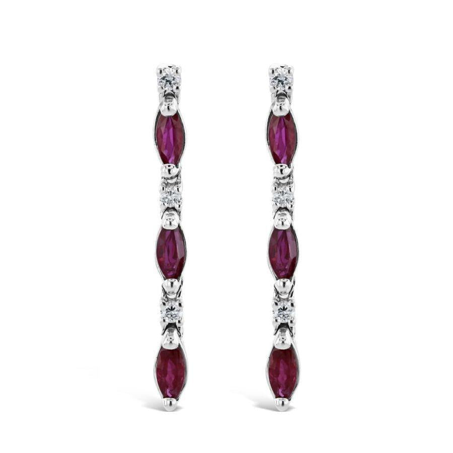 Dipples-18ct White Gold Marquise Cut Ruby & Diamond Line Drop Earrings-Dipples Jewellers