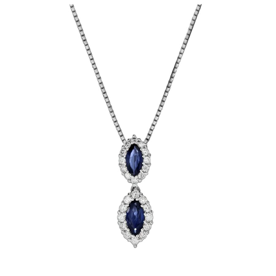 Dipples-18ct White Gold Marquise Cut Sapphire & Diamond Halo Cluster Drop Pendant-Dipples Jewellers