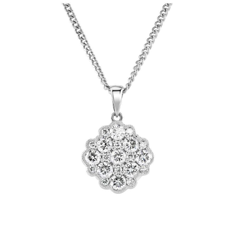 Dipples-18ct White Gold Millegrain Set 9-Round Brilliant Cut Diamond Cluster Pendant & Chain-Dipples Jewellers
