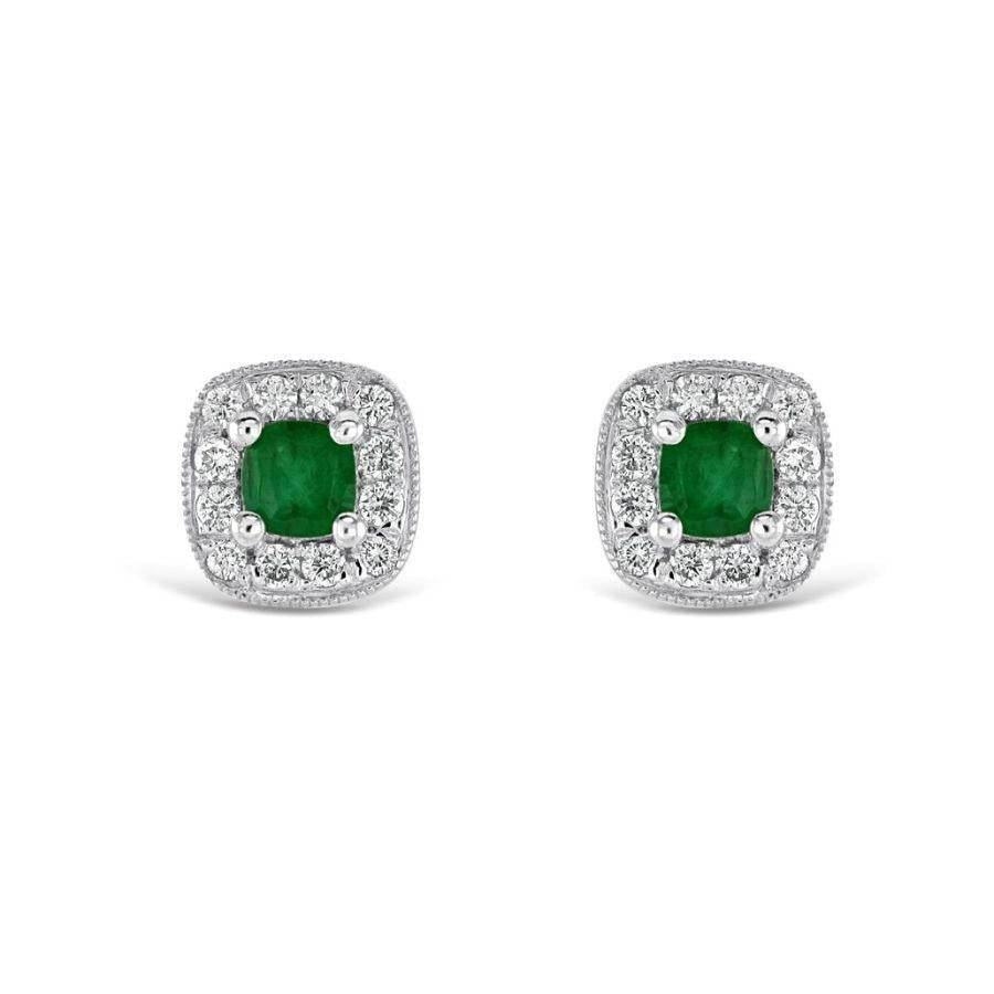 Dipples-18ct White Gold Millegrain Set Round Cut Emerald & Diamond Cushion Cluster Stud Earrings-Dipples Jewellers