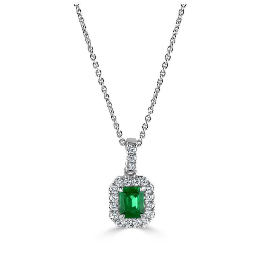 Dipples-18ct White Gold Octagonal Cut Emerald & Diamond Halo Cluster Pendant-Dipples Jewellers