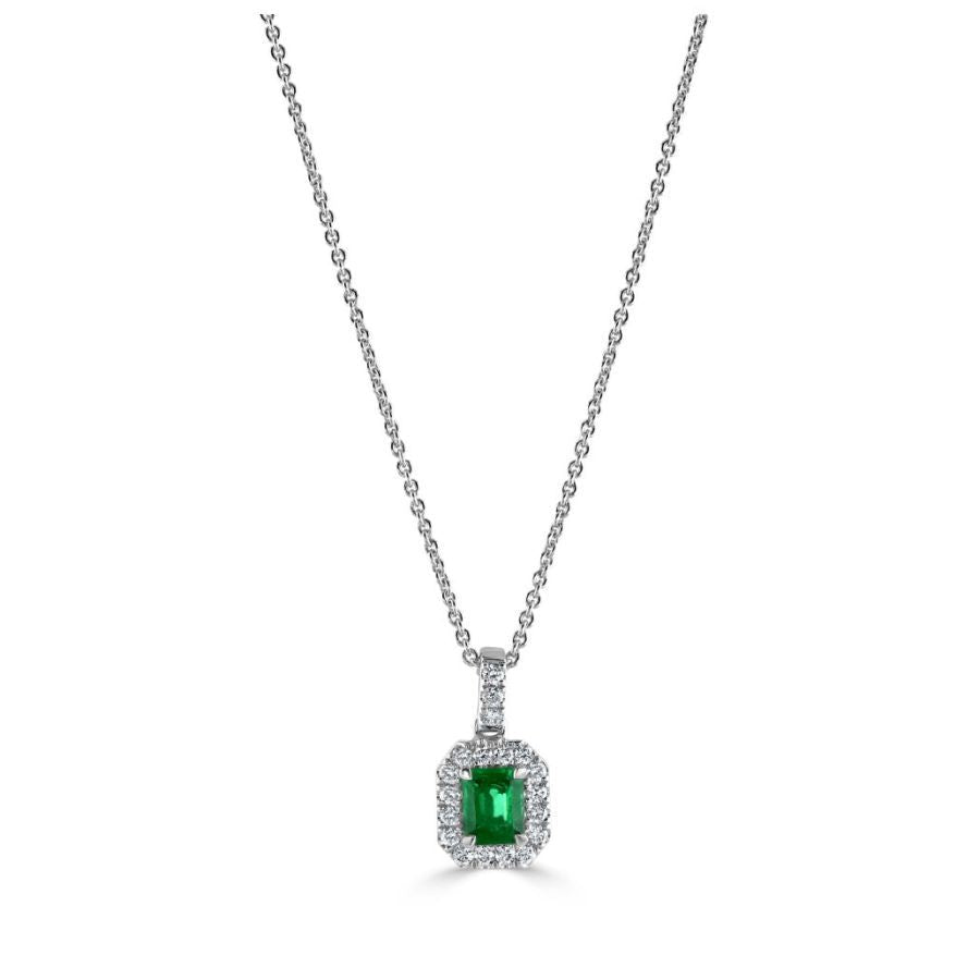 Dipples-18ct White Gold Octagonal Cut Emerald & Diamond Halo Cluster Pendant-Dipples Jewellers
