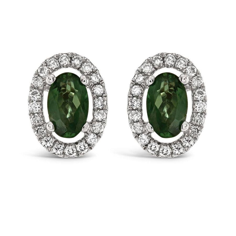 Dipples-18ct White Gold Oval Cut Alexandrite & Diamond Halo Cluster Stud Earrings-Dipples Jewellers