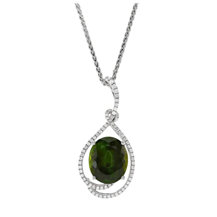 Dipples-18ct White Gold Oval Cut Green Tourmaline & Diamond Pendant & Chain-Dipples Jewellers