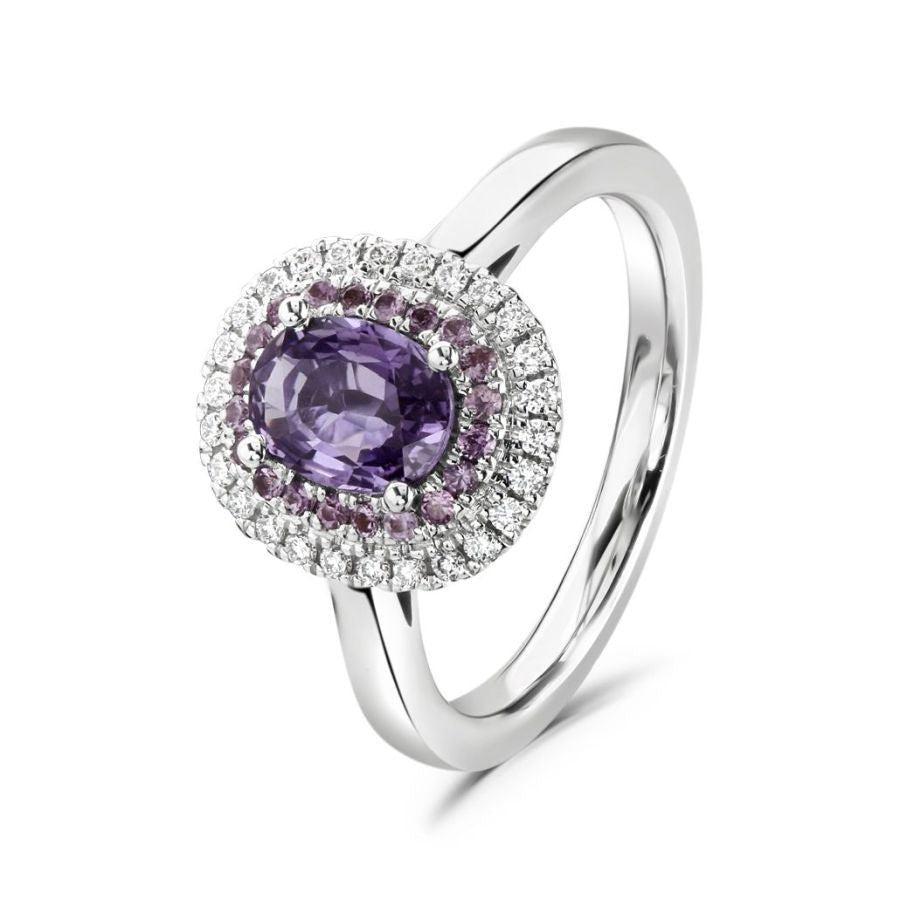 Dipples-18ct White Gold Oval Cut Purple Sapphire & Diamond Double Halo Cluster Ring-Dipples Jewellers