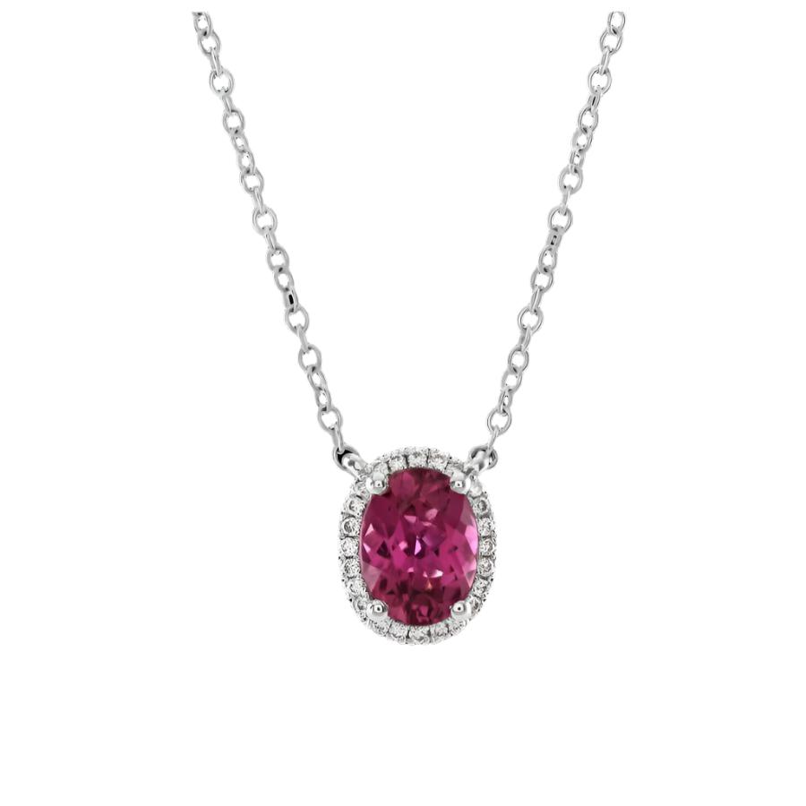 Dipples-18ct White Gold Oval Cut Rubellite & Diamond Halo Cluster Pendant-Dipples Jewellers