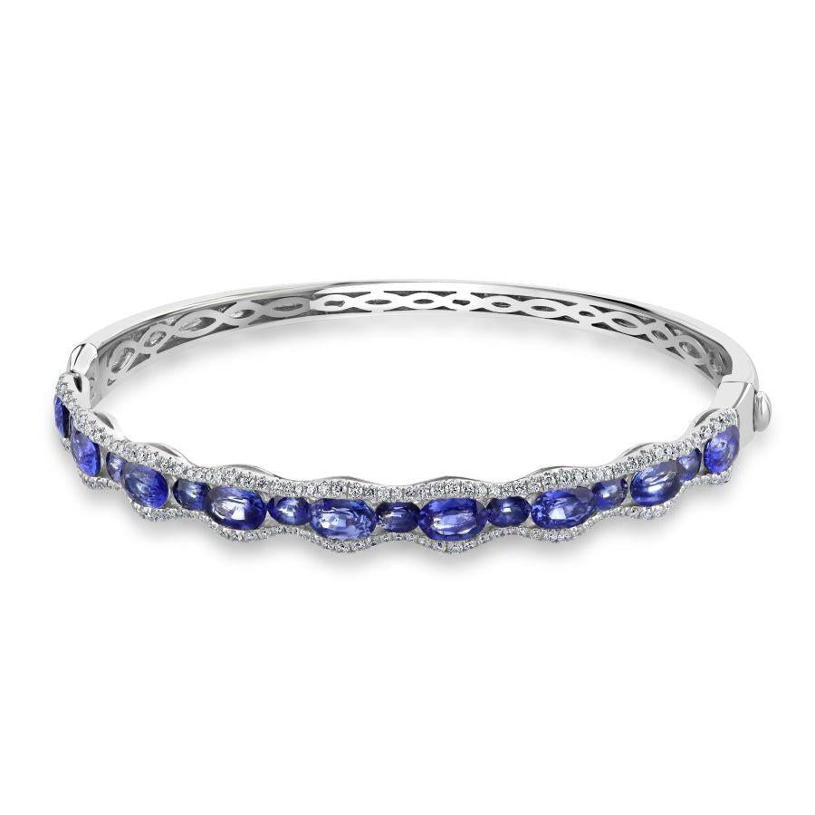Dipples-18ct White Gold Oval Cut Sapphire & Diamond Wave Hinged Bangle-Dipples Jewellers