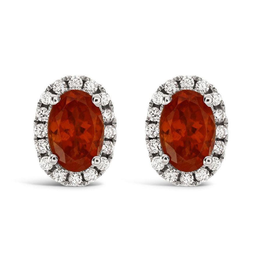 Dipples-18ct White Gold Oval Mandarin Garnet & Diamond Halo Cluster Stud Earrings-Dipples Jewellers