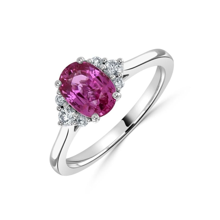 Dipples-18ct white gold oval pink sapphire and diamond trefoil sides ring all claw set-Dipples Jewellers