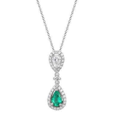 Dipples-18ct white gold pear emerald and brilliant cut and pear diamond drop pendant supplied with chain-Dipples Jewellers