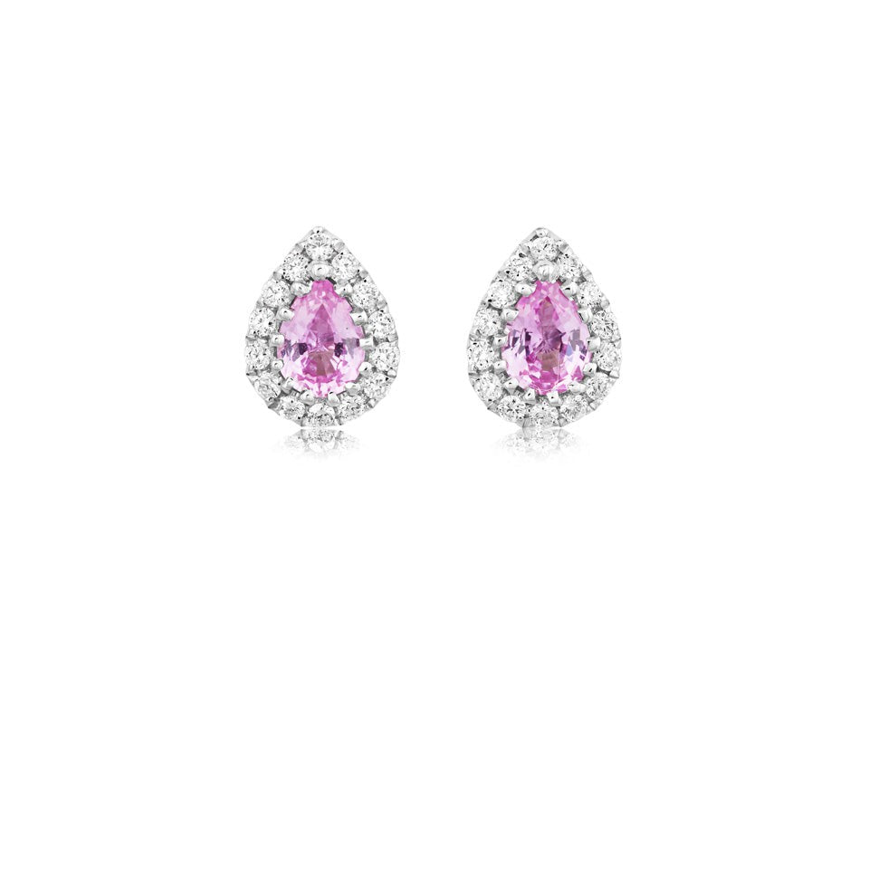 Dipples-18ct white gold pear shaped pink sapphire and diamond halo claw set stud earrings-Dipples Jewellers