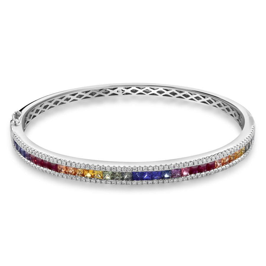 Dipples-18ct White Gold Rainbow Sapphire & Diamond 3-Row Bangle-Dipples Jewellers