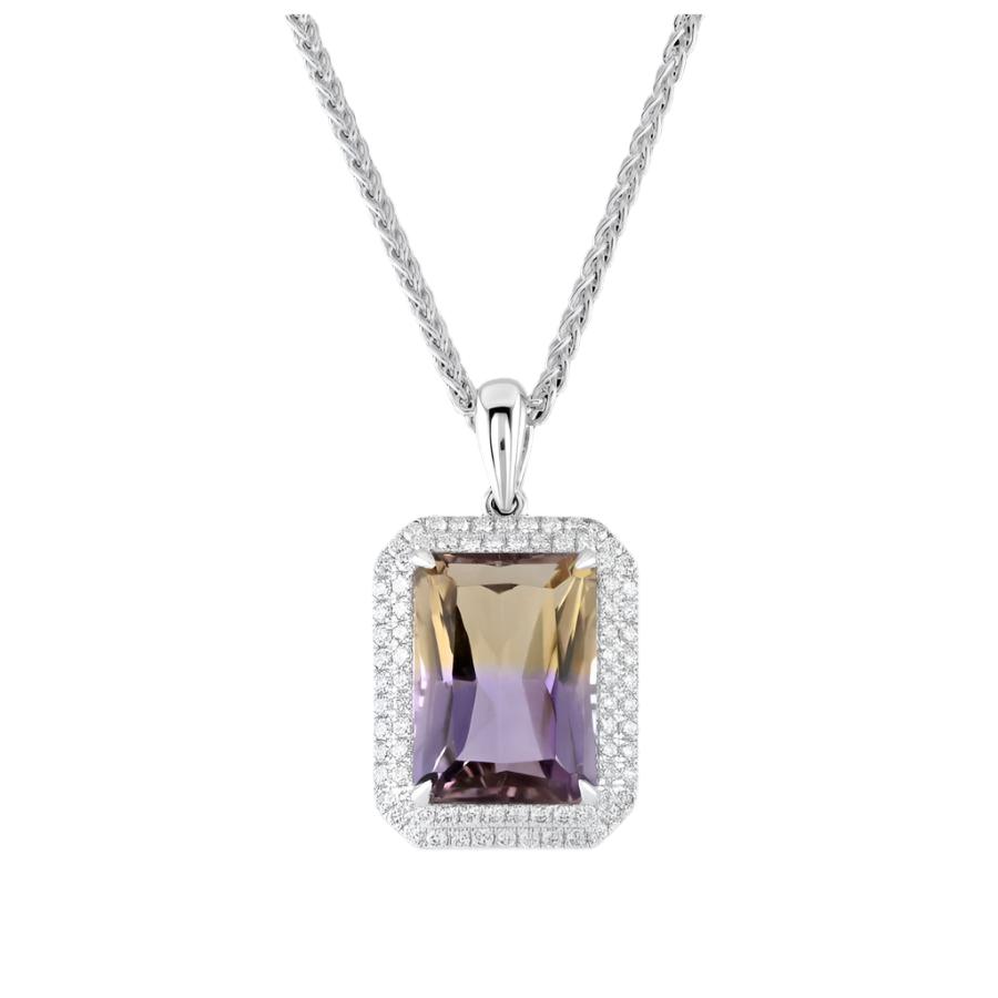 Dipples-18ct White Gold Rectangular Cut Ametrine & Diamond Double Halo Cluster Pendant-Dipples Jewellers