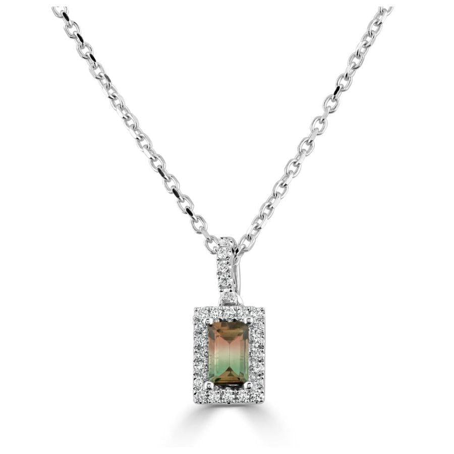 Dipples-18ct White Gold Rectangular Cut Watermelon Tourmaline & Diamond Cluster Pendant & Chain-Dipples Jewellers