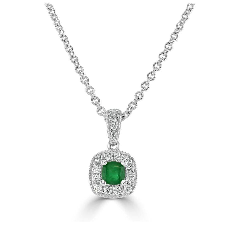 Dipples-18ct White Gold Round Cut Emerald & Diamond Cushion Shaped Cluster Pendant-Dipples Jewellers