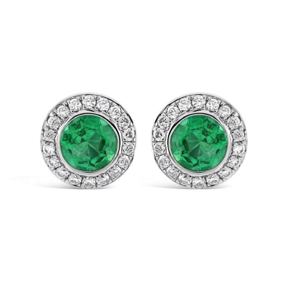 Dipples-18ct White Gold Round Cut Emerald & Diamond Halo Cluster Stud Earrings-Dipples Jewellers