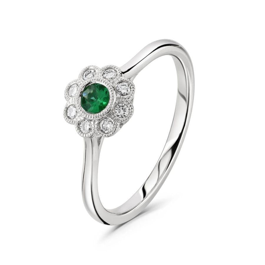 Dipples-18ct White Gold Round Cut Emerald & Diamond Millegrain Edged Cluster Ring-Dipples Jewellers