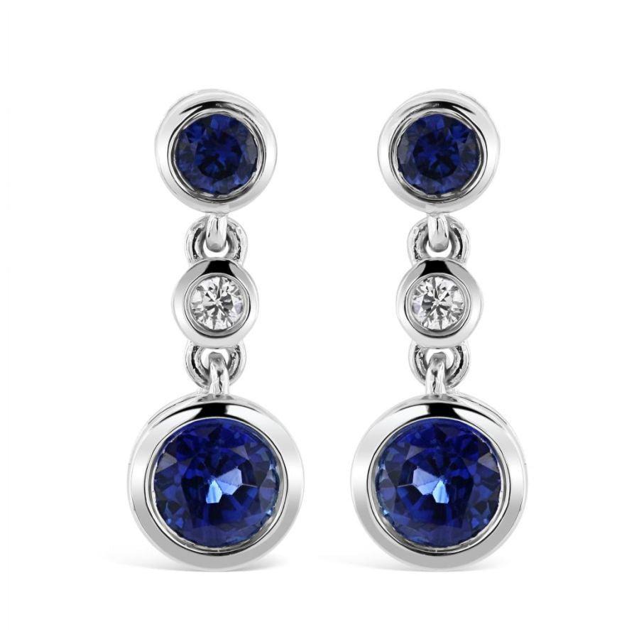 Dipples-18ct White Gold Rubover Set Sapphire & Diamond Drop Earrings-Dipples Jewellers