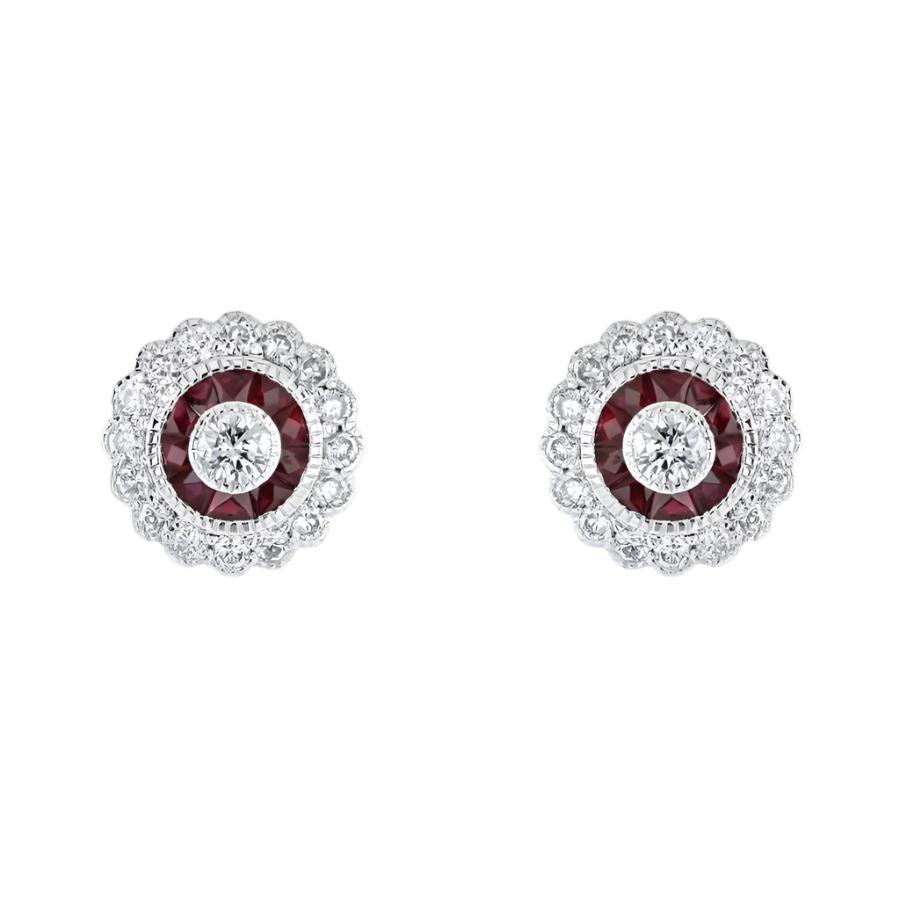 Dipples-18ct White Gold Ruby & Diamond Cluster Stud Earrings-Dipples Jewellers